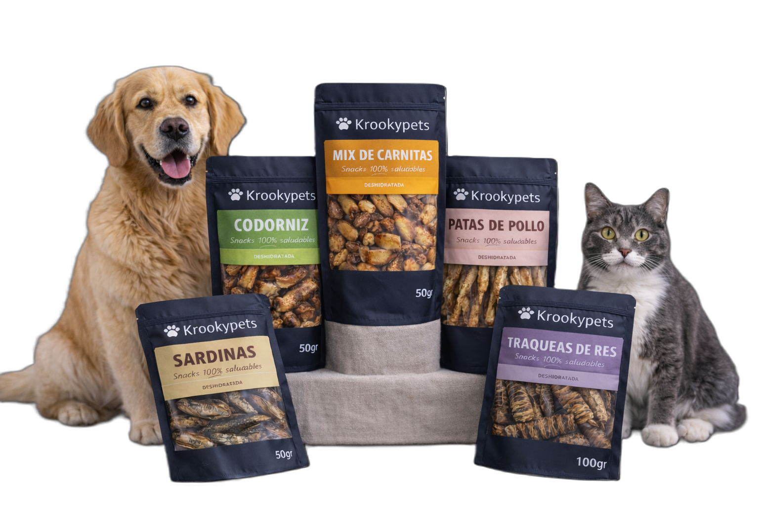 Snacks naturales para perros y gatos Krookypets presentados con mascota canina y felina en fondo neutro