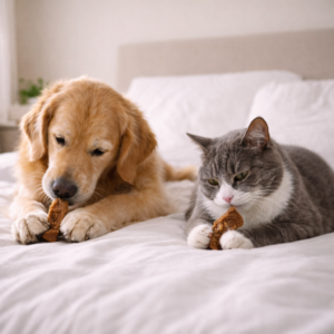 Perro y gato degustando snacks naturales deshidratados para mascotas Krookypets