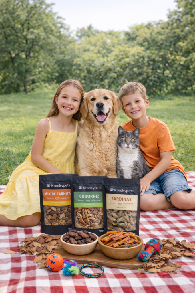 Niños compartiendo picnic con perro y gato junto a snacks naturales Krookypets