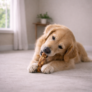 Perro Golden Retriever disfrutando un snack natural Krookypets en interior luminoso