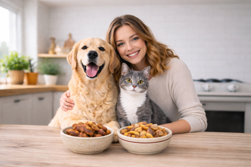 Mujer con perro y gato disfrutando snacks naturales deshidratados Krookypets